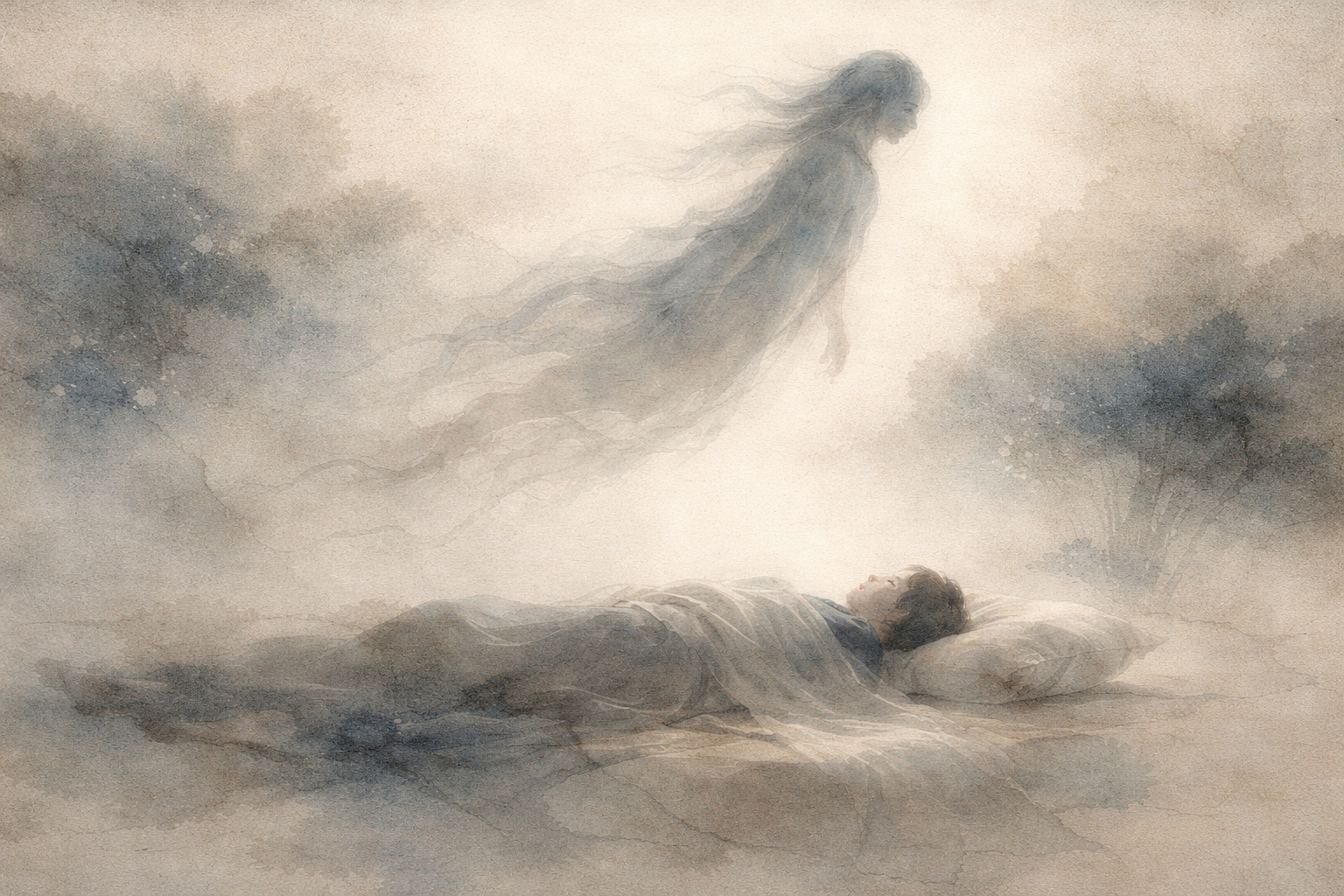 ベッドで横たわる人の上に、淡く透けた存在が漂う夢のような情景。静かな霧の雰囲気の中で、仏教が「幽霊への恐れ」を恐怖ではなく理解すべきものとして捉える姿勢を表している