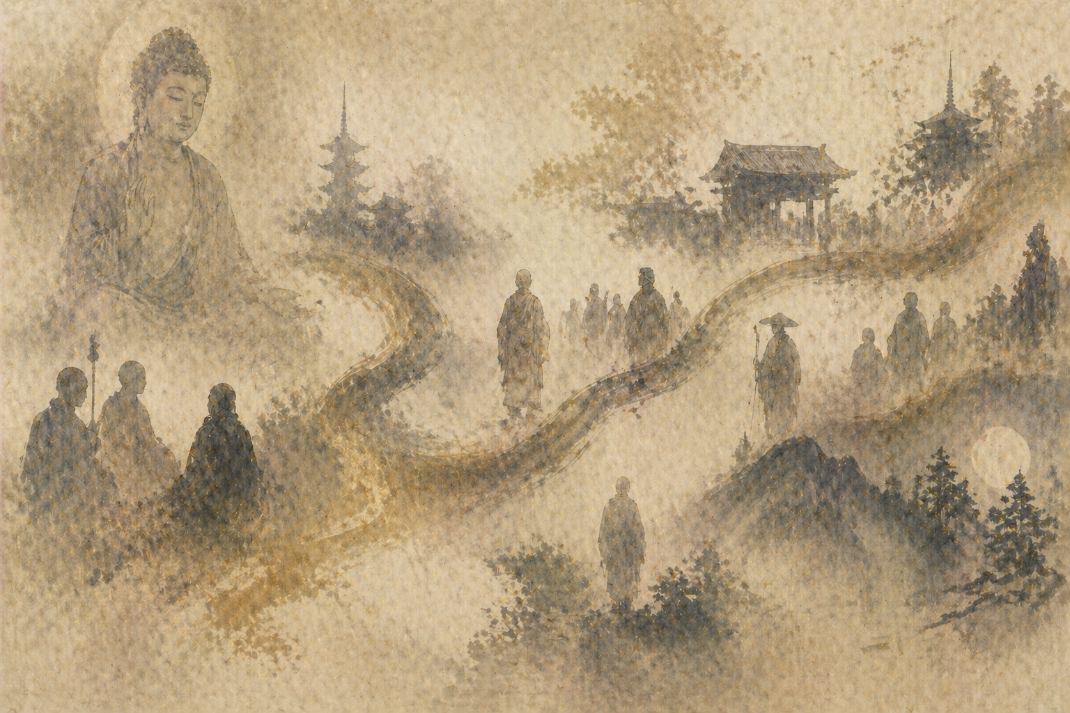 A flowing, symbolic landscape showing monks, pilgrims, and teachers across different eras, with temples and a faint Buddha figure in the background—illustrating the evolution of Buddhism through key schools and historical turning points