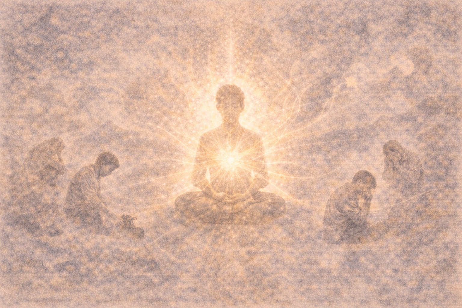 A meditating figure radiating inner light while others struggle nearby, symbolizing how Buddhist practice differs from modern self-help approaches