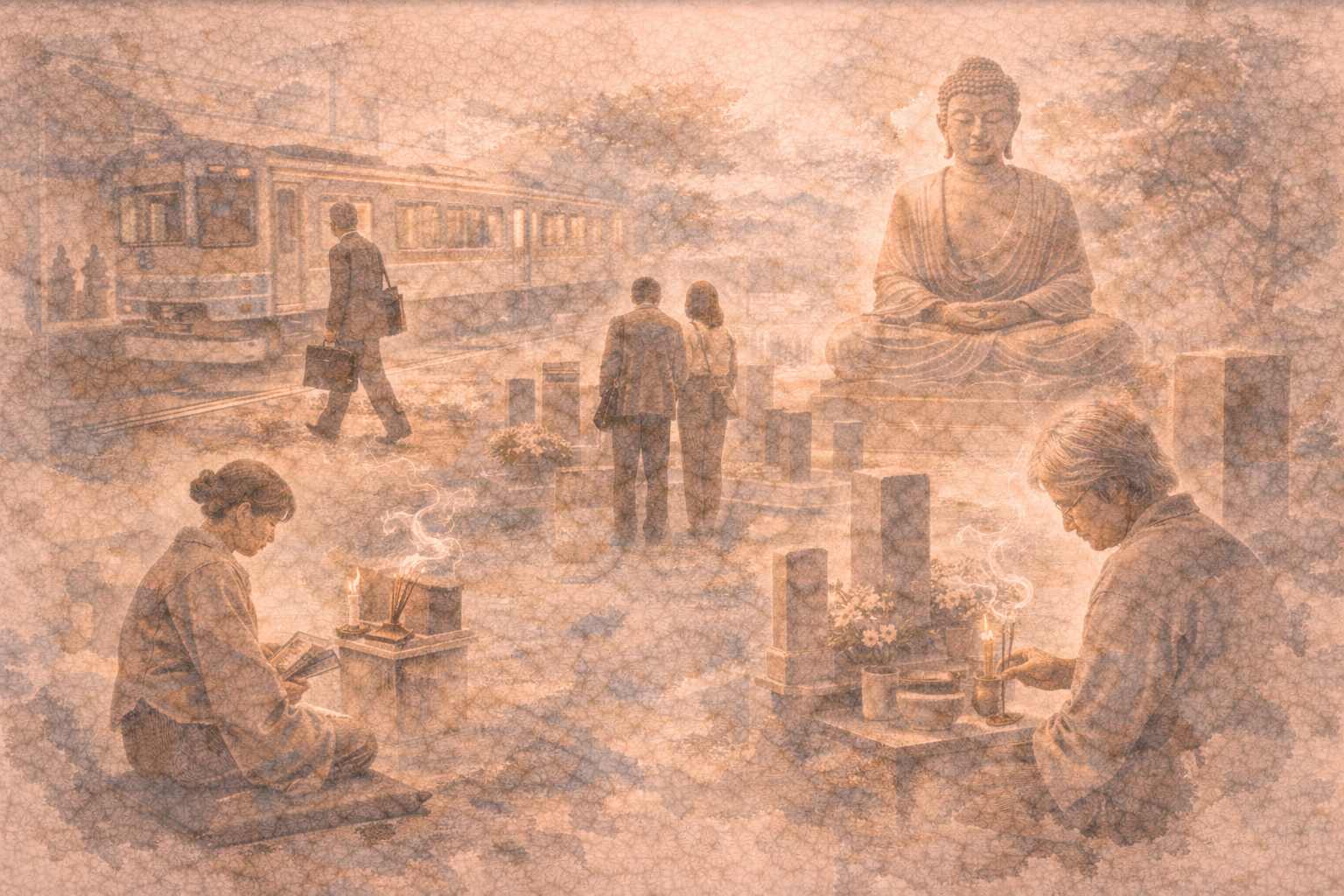 Abstract depiction of everyday scenes gently interwoven with Buddhist presence, including quiet moments of remembrance, daily movement through modern life, and a serene Buddha figure, rendered in soft ink textures that evoke how Buddhist values subtly continue to shape ordinary life in Japan.
