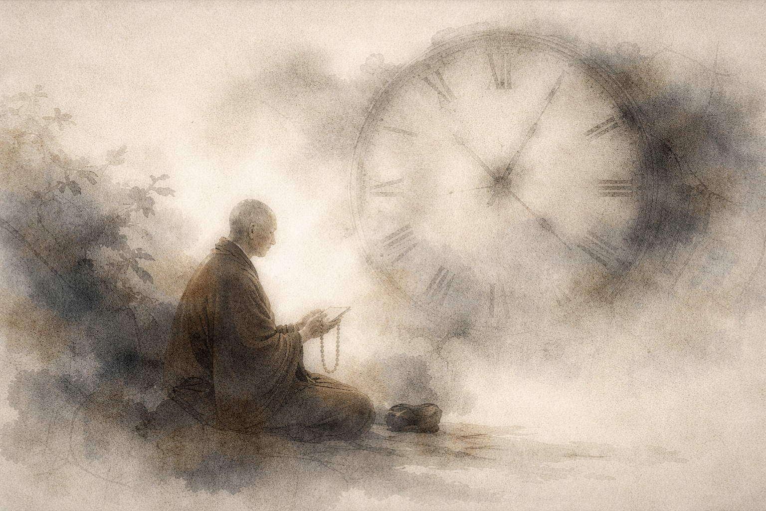 A calm monk seated in meditation, holding prayer beads, with a faint clock emerging in the mist—symbolizing time, uncertainty, and the Buddhist approach of meeting fear with awareness rather than belief in signs