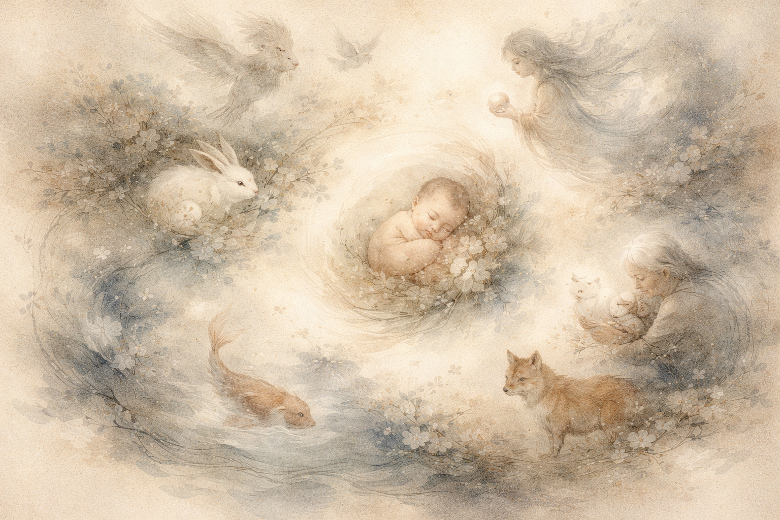 A peaceful infant resting at the center of a gentle cycle of animals, human figures, and flowing forms, symbolizing how Buddhism approaches death as part of a continuous process rather than something to deny