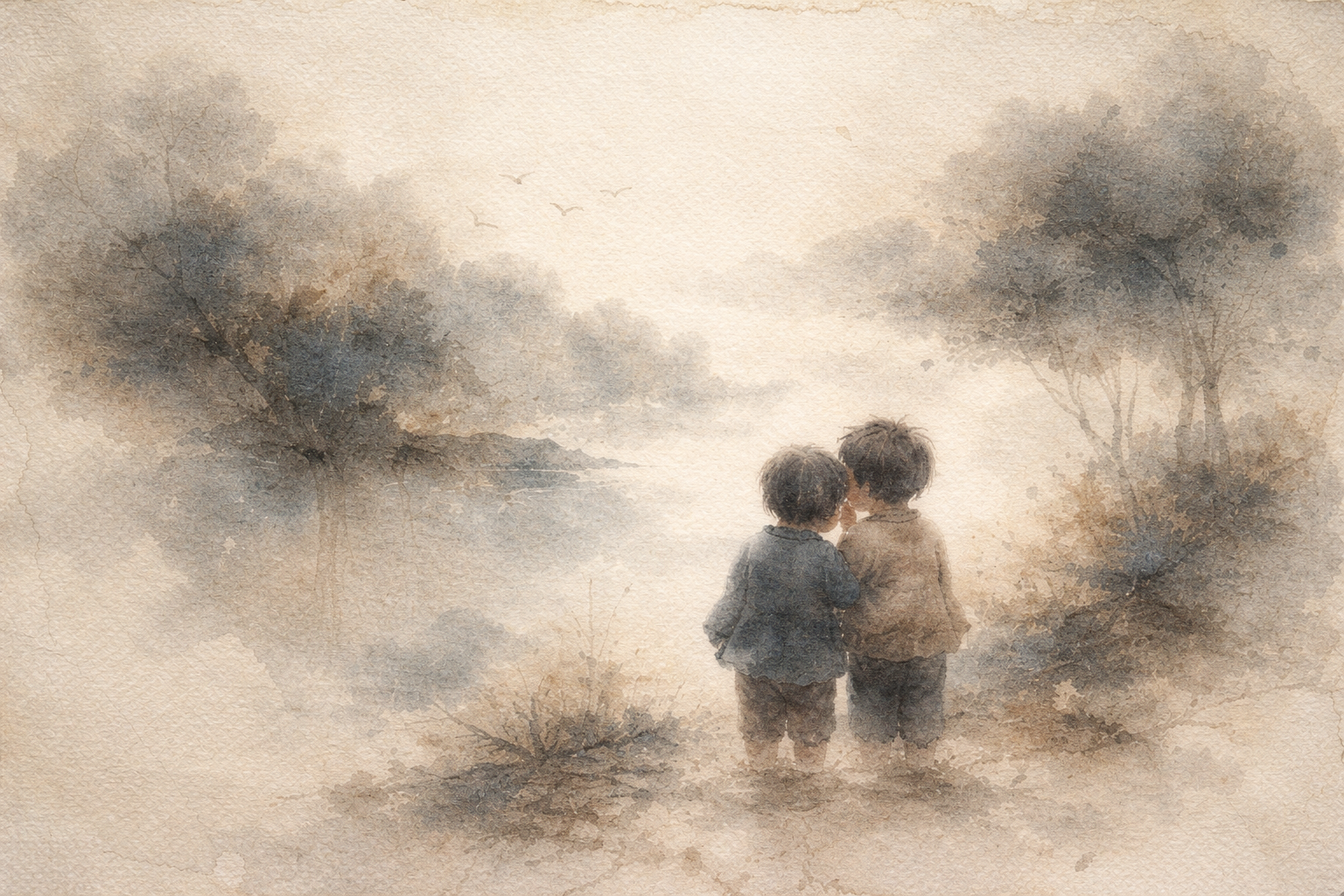 Abstract depiction of two children standing close together beside a calm, misty landscape, rendered in soft ink textures that evoke reconciliation, gentleness, and the possibility of resolving conflict without creating further harm.