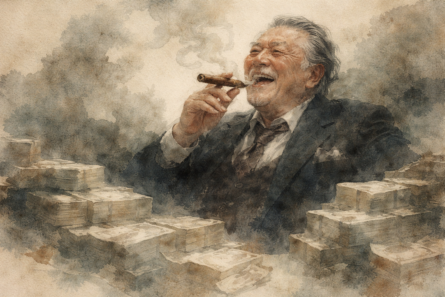 葉巻を手に笑みを浮かべ、多くのお金に囲まれた人物を柔らかな墨調で描き、欲望や消費、節度と自己制御という仏教倫理のテーマを象徴する抽象的なイメージ。