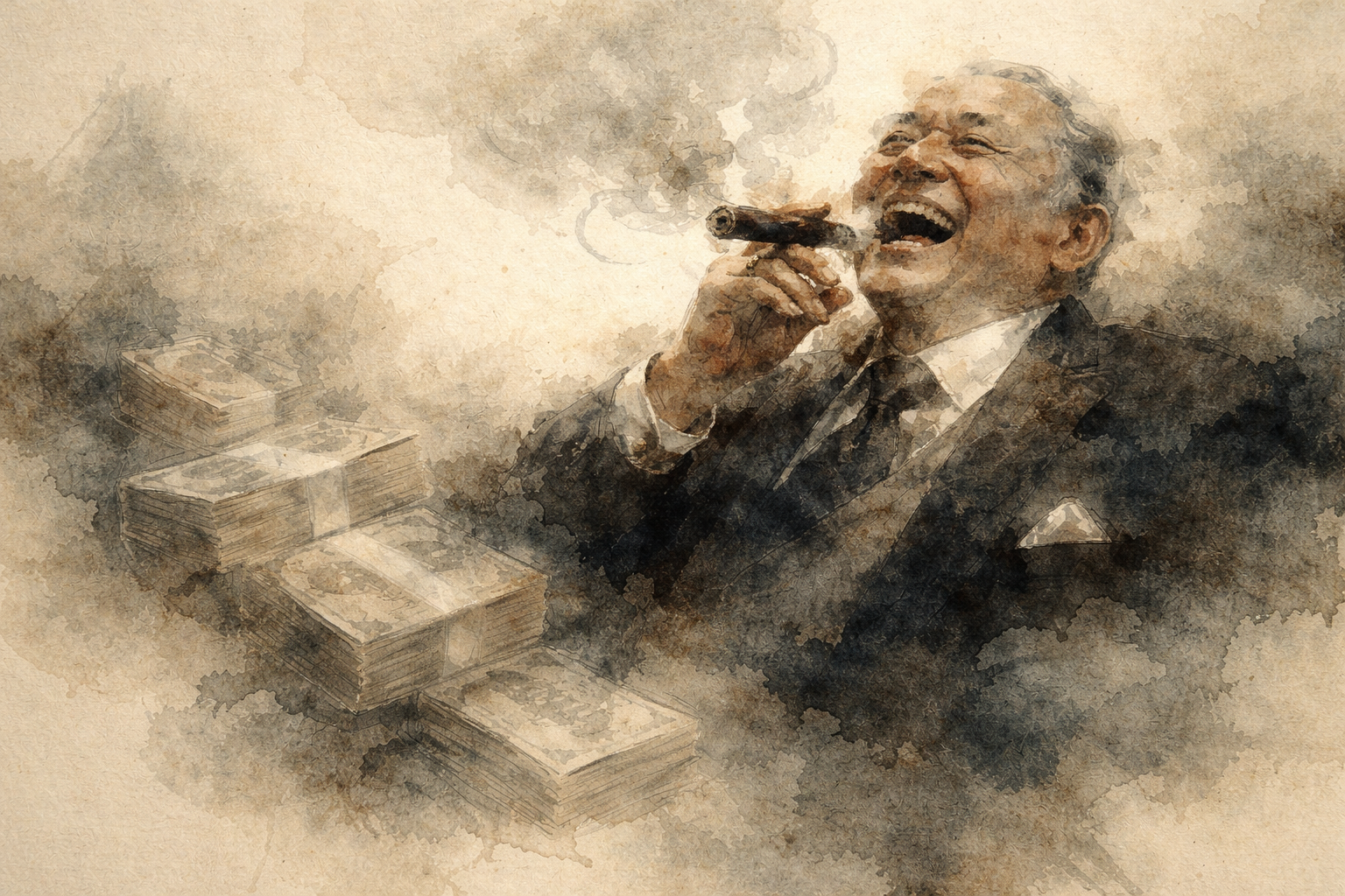 Abstract depiction of a well-dressed person smiling while holding a cigar beside stacks of money, rendered in soft ink textures that evoke reflection on wealth, desire, and the ethical considerations of material attachment in Buddhism.