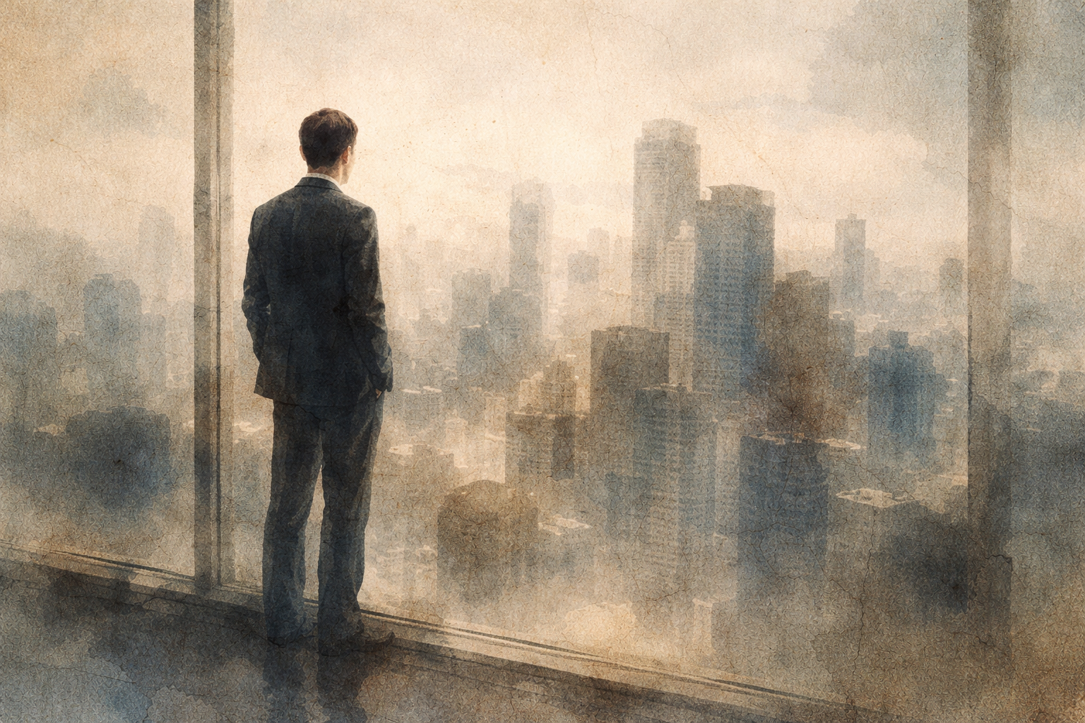 Abstract depiction of a person standing thoughtfully before a hazy city skyline, rendered in soft ink textures that evoke reflection on ambition, responsibility, and the balance between professional success and ethical integrity in Buddhist thought.