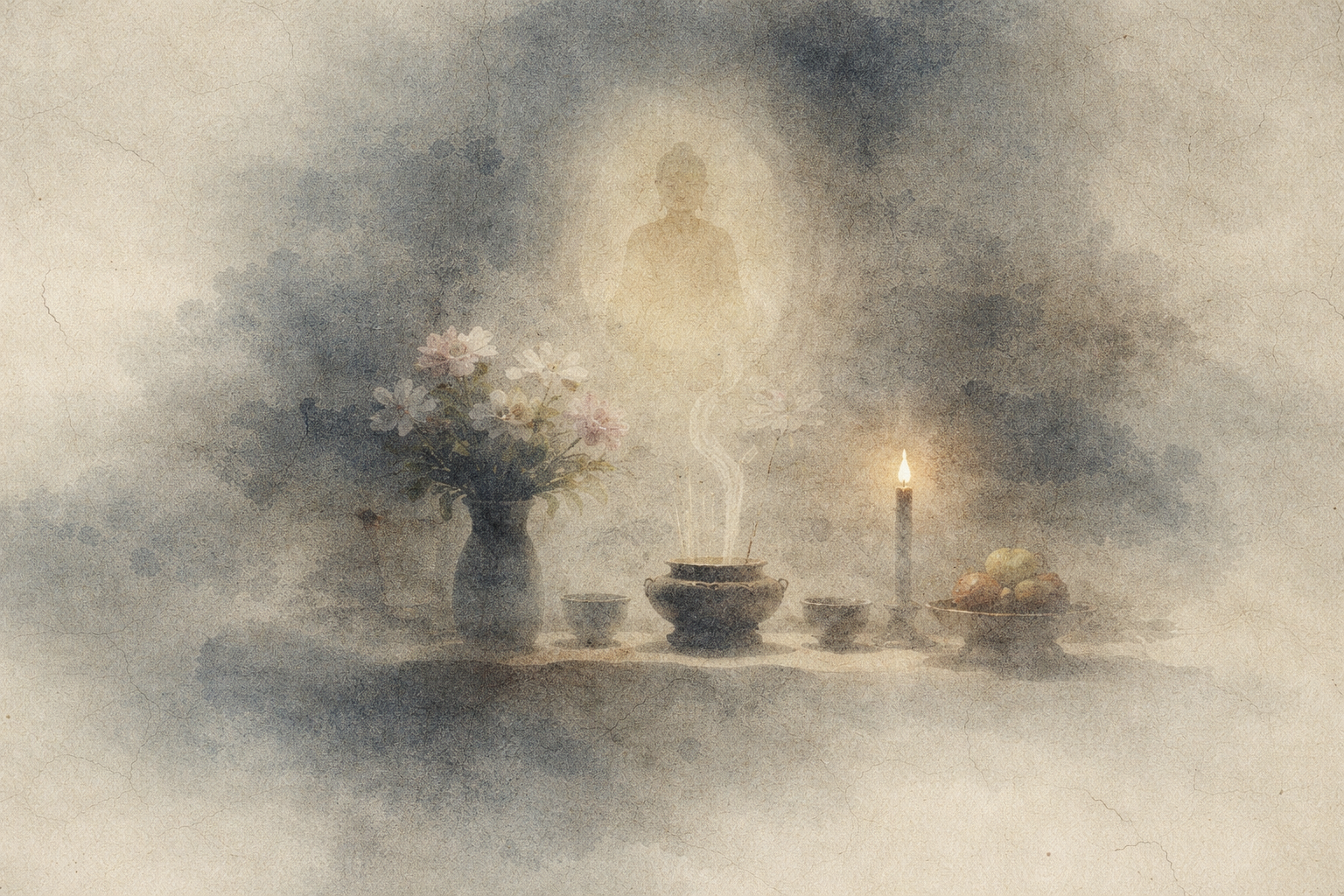 A quiet altar with flowers, incense, fruit, and a candle, with a faint Buddha figure emerging in soft light—suggesting how Buddhist holidays vary in form yet share a common spirit of reverence, remembrance, and practice