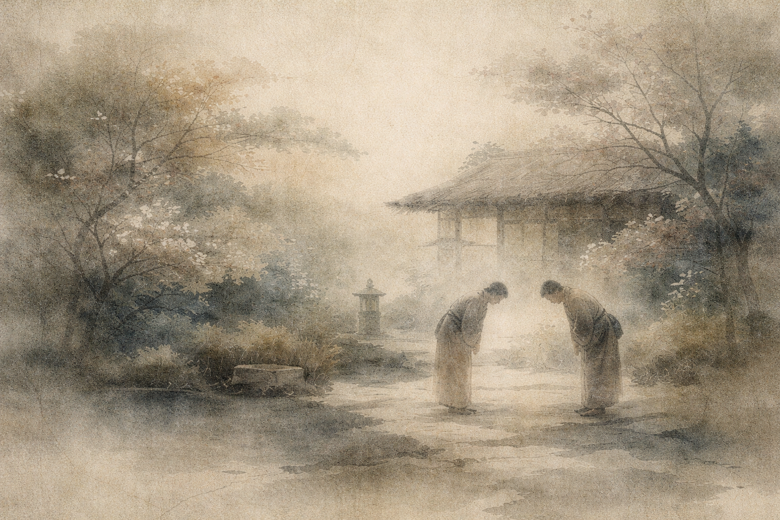 Abstract depiction of two figures bowing respectfully in a quiet garden setting, rendered in soft ink textures that evoke humility, mutual respect, and the subtle influence of Buddhist values within everyday Japanese etiquette.