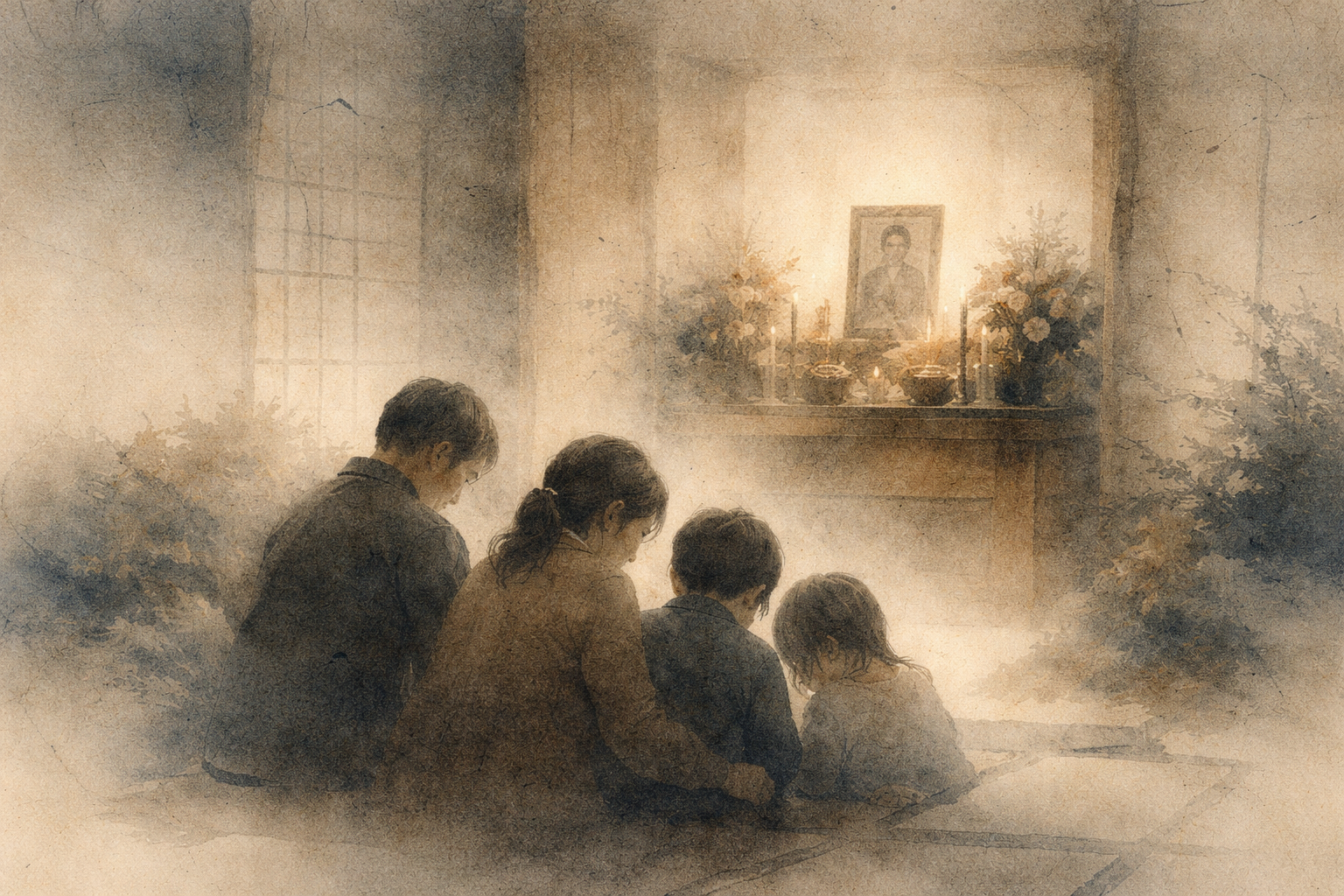 A family sitting quietly before a softly lit Buddhist altar, symbolizing reflection on mortality, remembrance, and the gentle acceptance encouraged by Buddhist practice