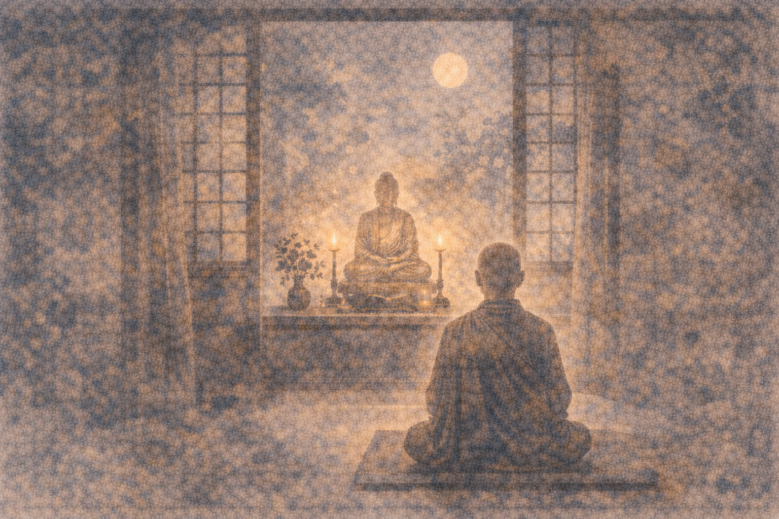 A solitary practitioner seated in quiet meditation before a softly illuminated Buddha statue, expressing prayer as reflection and inner transformation rather than a request for personal favors