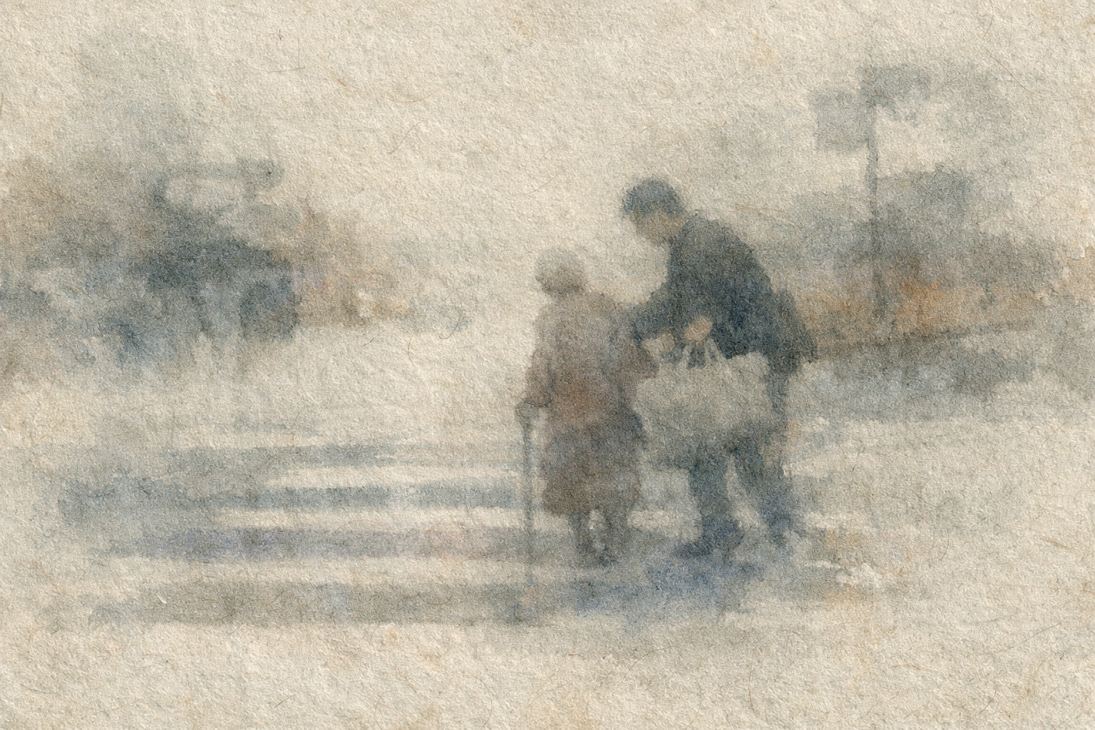 A soft, misty scene of a person gently guiding an elderly figure across a quiet road—symbolizing compassionate care, impermanence, and the Buddhist way of remembering the dead without attachment