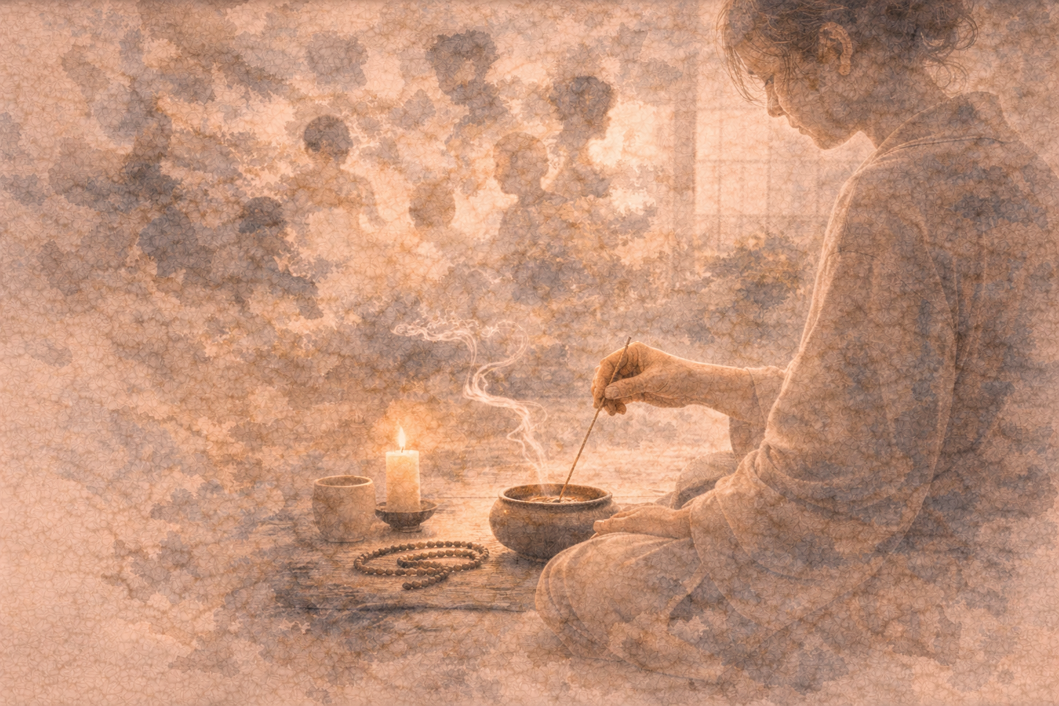 A quiet scene of a person offering incense beside a candle and prayer beads, with soft, indistinct ancestral figures appearing in the background—symbolizing remembrance, gratitude, and the Buddhist view of ancestors as part of an ongoing connection rather than fixed spirits