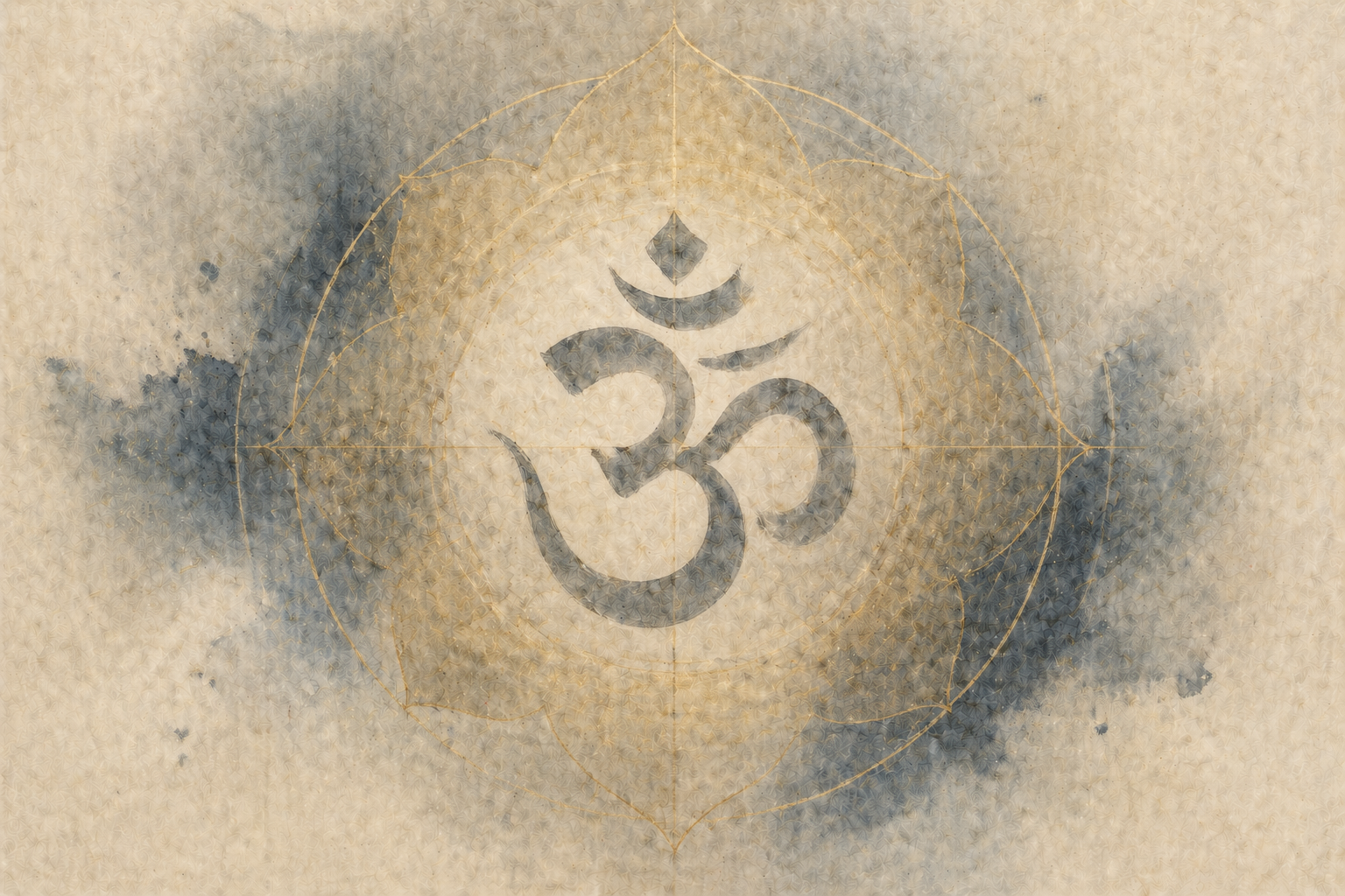 A softly textured sacred syllable surrounded by subtle geometric patterns and muted ink washes, expressing the contemplative depth of mantra beyond ordinary self-talk