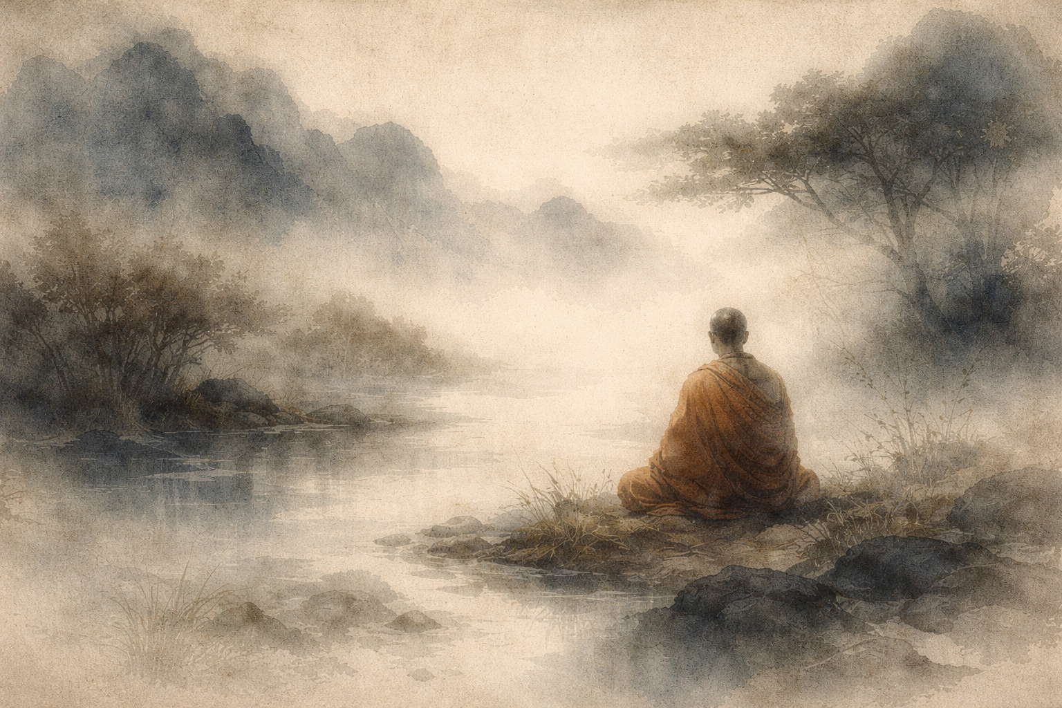 A monk seated quietly by a misty river landscape, evoking stillness and rhythm—suggesting the gentle, measured pace of chanting the Heart Sutra as a brief yet meaningful practice