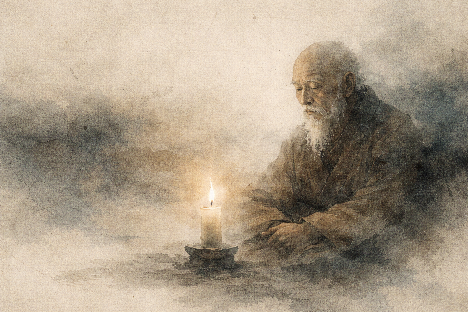 An elderly monk quietly contemplating beside a single candle, symbolizing the thoughtful consideration of how long a first meditation retreat should be