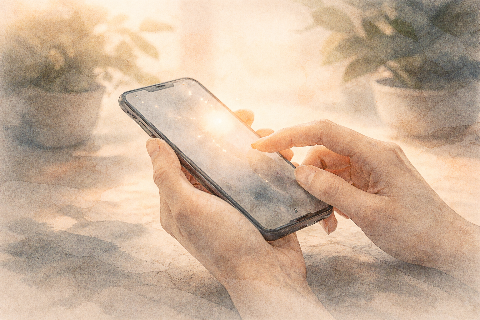 Hands gently using a smartphone meditation app, surrounded by soft natural light and plants, symbolizing digital support for a calm and consistent daily mindfulness practice.