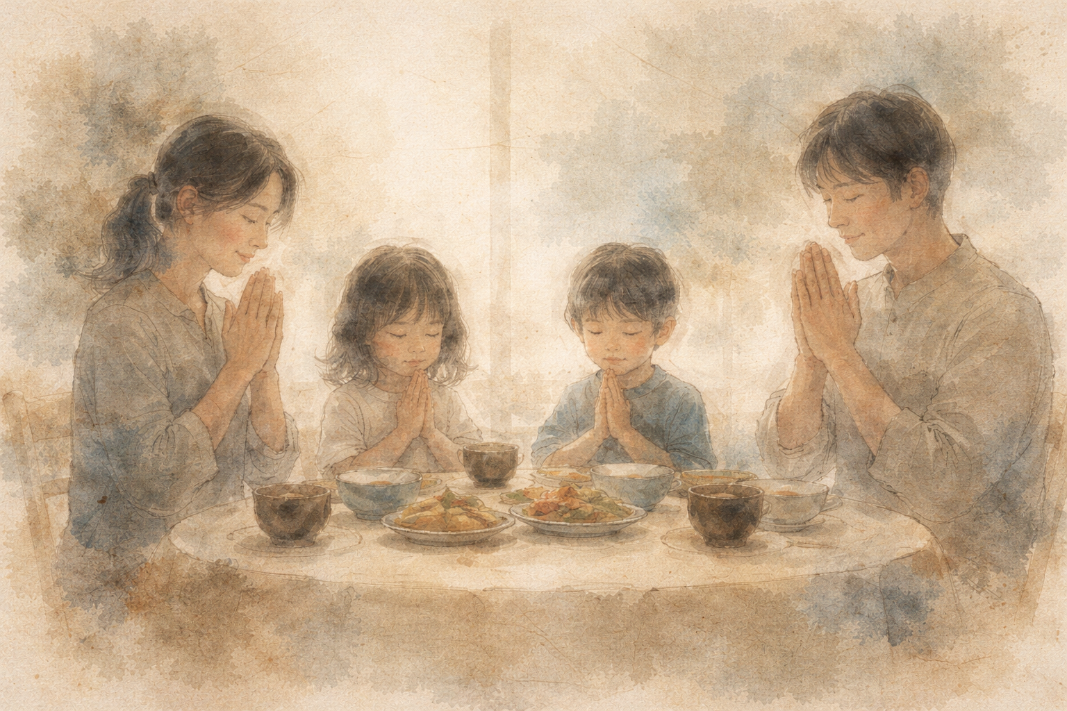 食事の前に手を合わせて祈る家族の姿。ささやかな儀式が心の散漫さを整え、穏やかな集中をもたらす様子を表現したイメージ