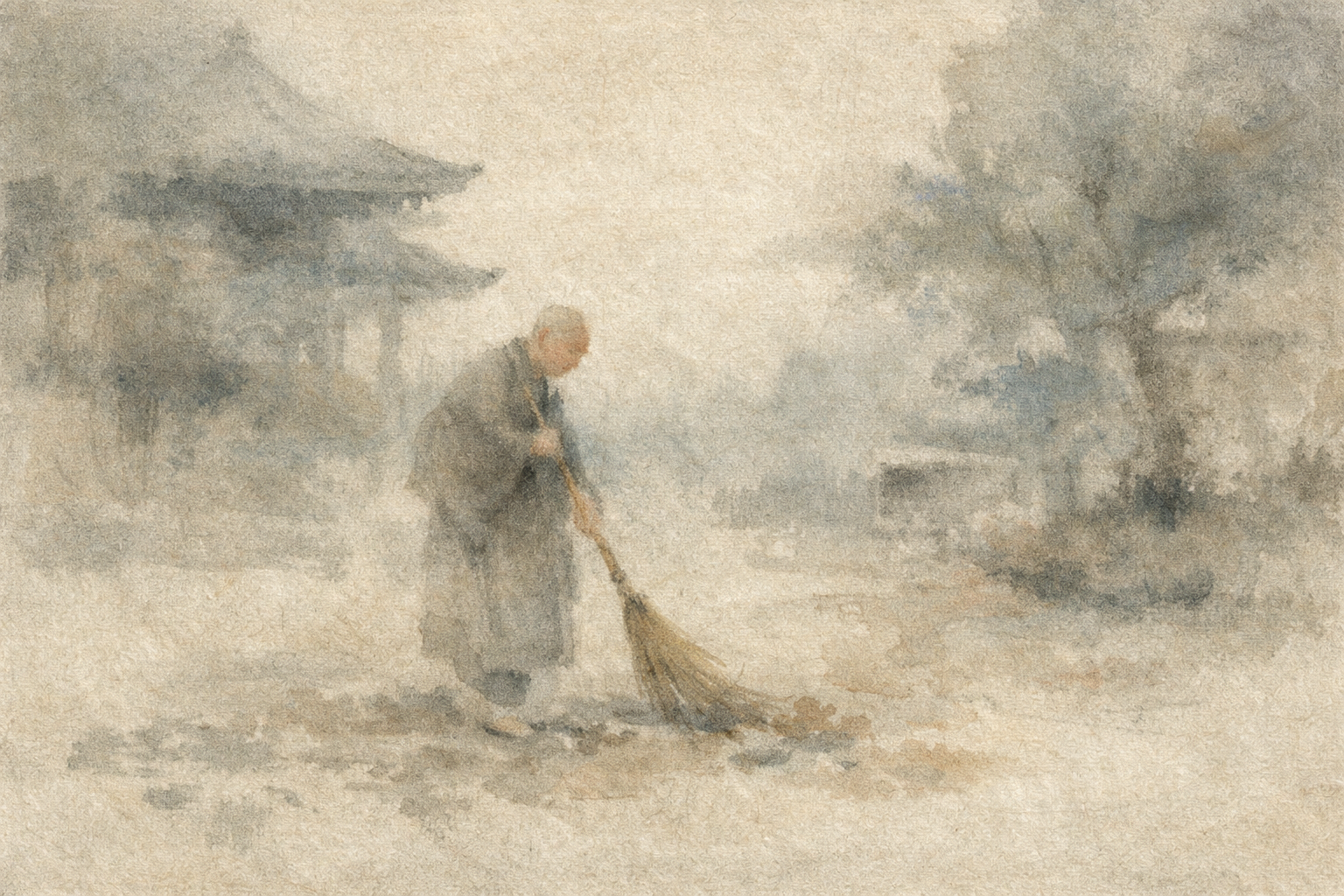 A solitary monk gently sweeping the temple grounds in a quiet, mist-filled landscape, symbolizing how samadhi is a calm, absorbed awareness that goes beyond ordinary concentration