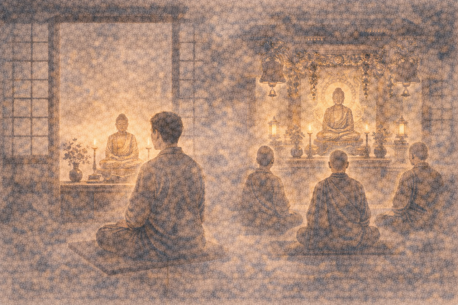 A small group seated in quiet meditation before softly lit Buddha altars at home, showing how simple, repeated rituals can create a steady and grounding sense of daily practice