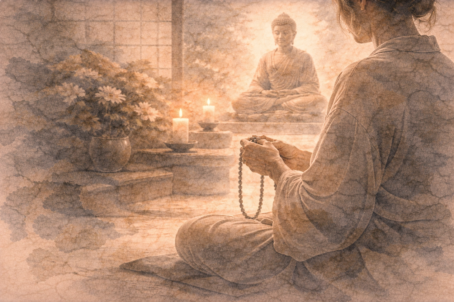 Abstract contemplative scene of a practitioner holding prayer beads before a softly illuminated Buddha figure, rendered in muted ink textures that suggest how small, repeated rituals gradually shape attention, emotional tone, and inner stability.