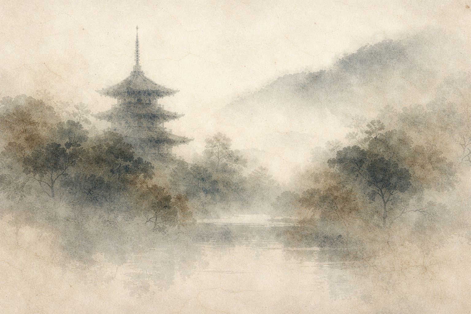 A quiet pagoda emerging through soft mist and reflected in still water, evoking how visiting a temple can gently shift one’s sense of time toward calm, spacious awareness