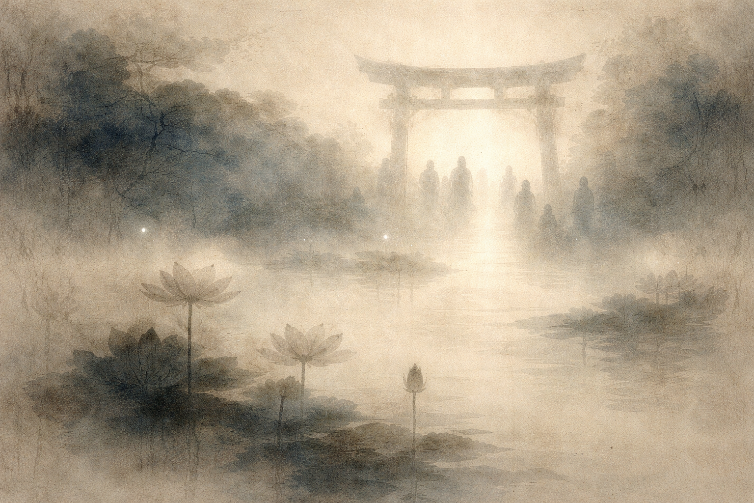 霧に包まれた鳥居と静かに歩く人々、そして水面に咲く蓮の花。日本では神聖な場所が日常の中に自然に溶け込んでいることを表している