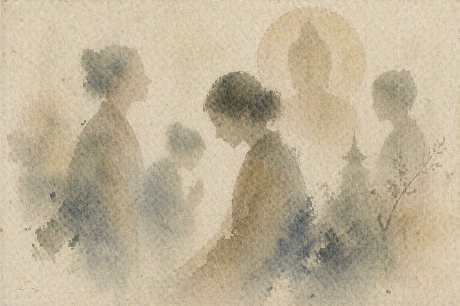 Soft, layered silhouettes of women in quiet reflection and practice, with faint figures and a distant Buddha—evoking how women’s presence and lived experience have shaped the path of Buddhism over time