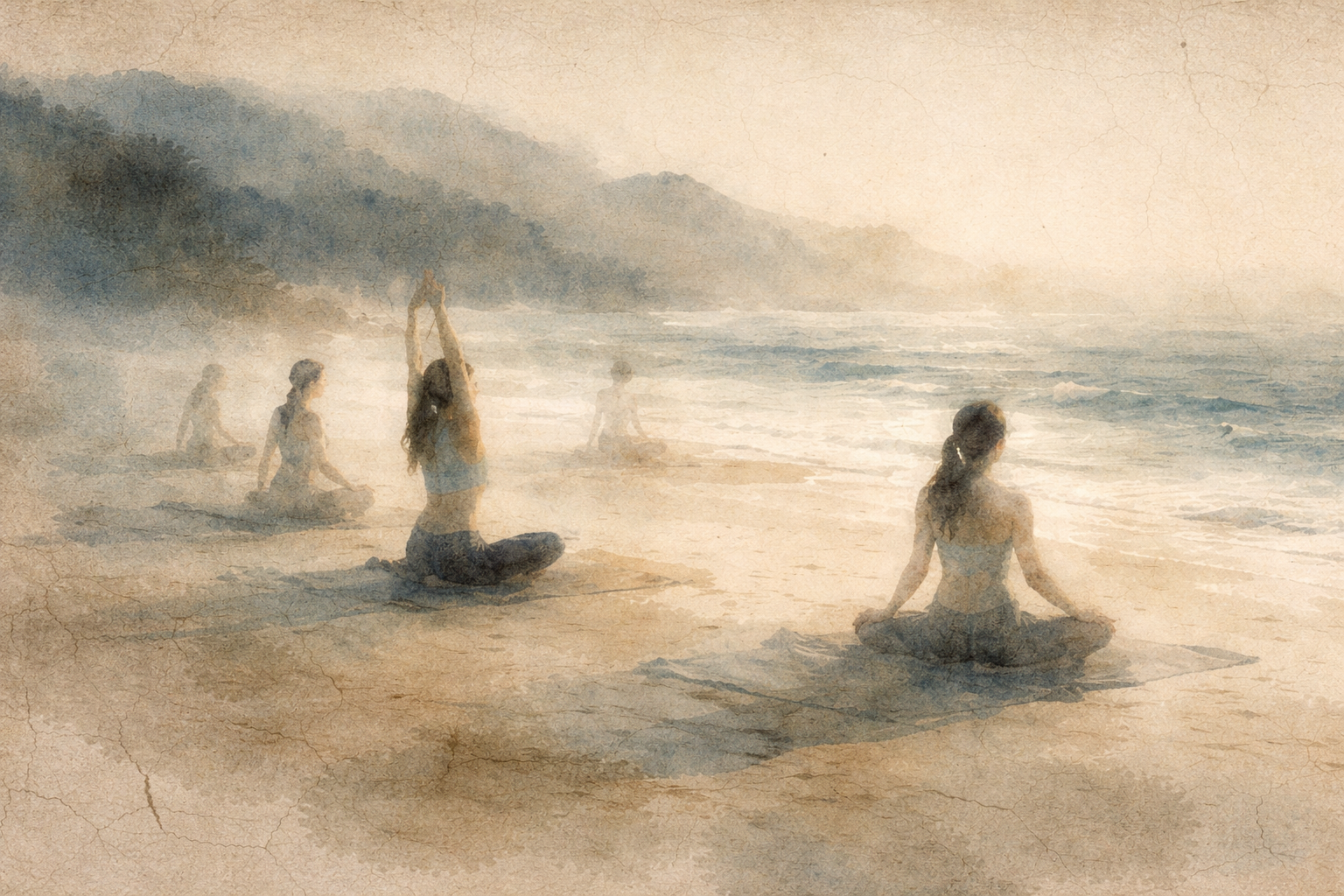 People practicing mindful movement and meditation on a quiet beach, symbolizing how retreat insights can be gently integrated into everyday life
