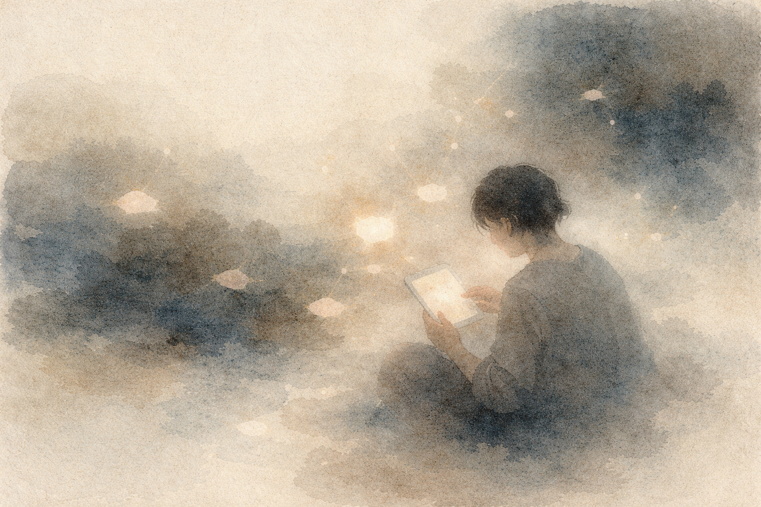 A quiet figure illuminated by the soft glow of a tablet in a calm, minimal atmosphere, representing the search for a breathing app that feels simple, supportive, and easy to return to regularly