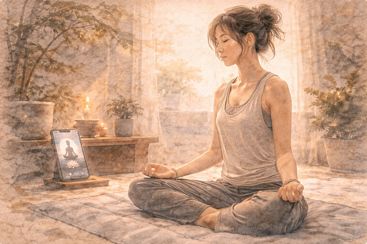 室内で静かに瞑想する人物と、そばに瞑想アプリが表示されたスマートフォンが描かれた水彩風イメージ。無理なく続けられる瞑想習慣を支えるアプリ選びを象徴している。