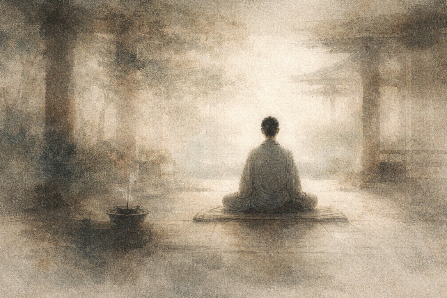 Abstract depiction of a person seated quietly in meditation within a softly lit, tranquil space, rendered in gentle ink textures that evoke stillness, simplicity, and the creation of small moments of silence amid daily noise.