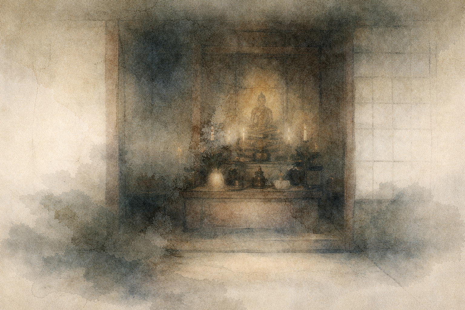 仏像を中心に、ろうそくやシンプルなお供えが置かれたやわらかな光の家庭用仏壇。日々の内省と実践のための静かな空間を表している