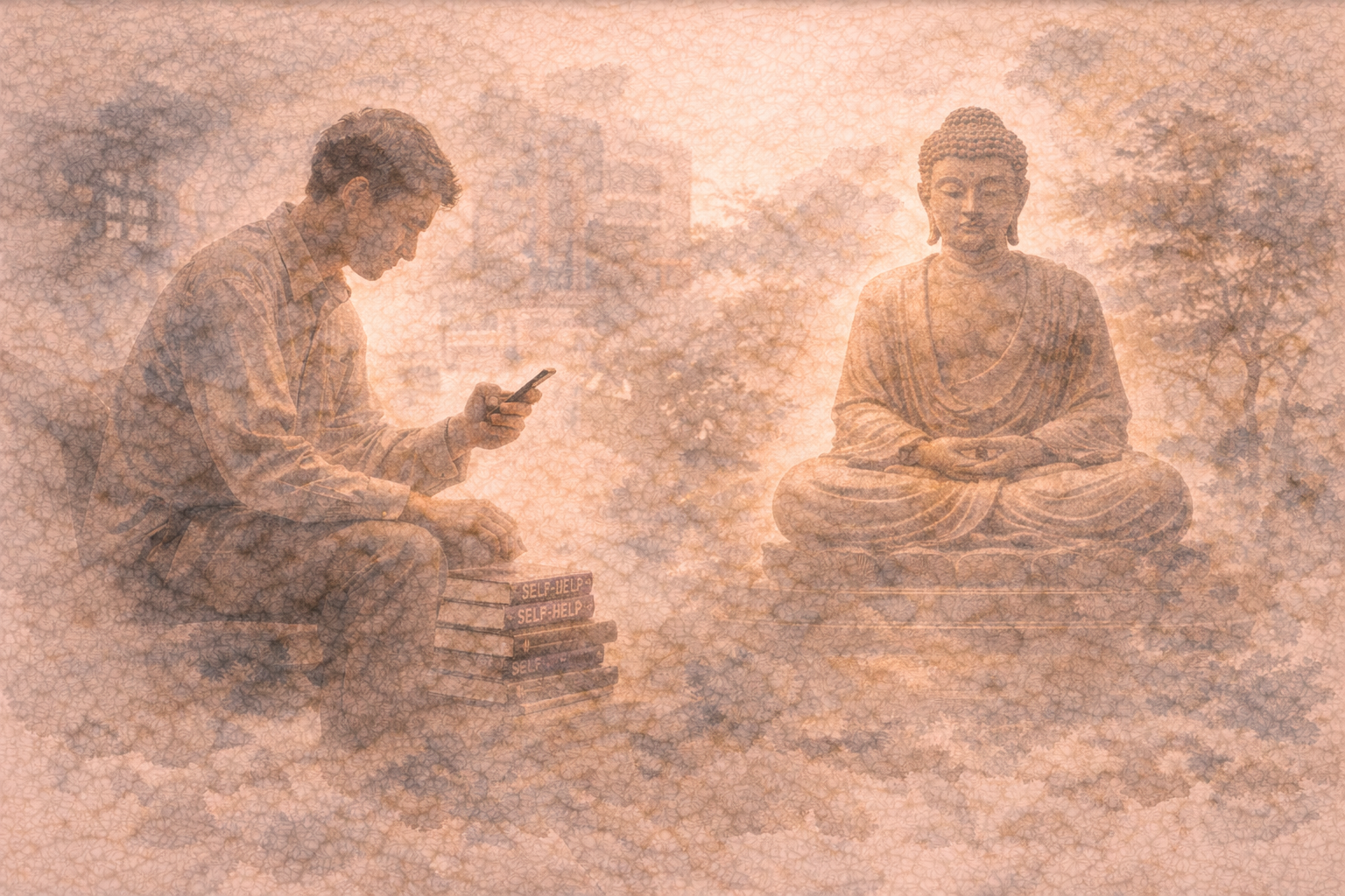 スマートフォンを見る人物と穏やかな仏像の対比。現代の生活の中で無理なく続けられるシンプルな仏教実践を表現したイメージ