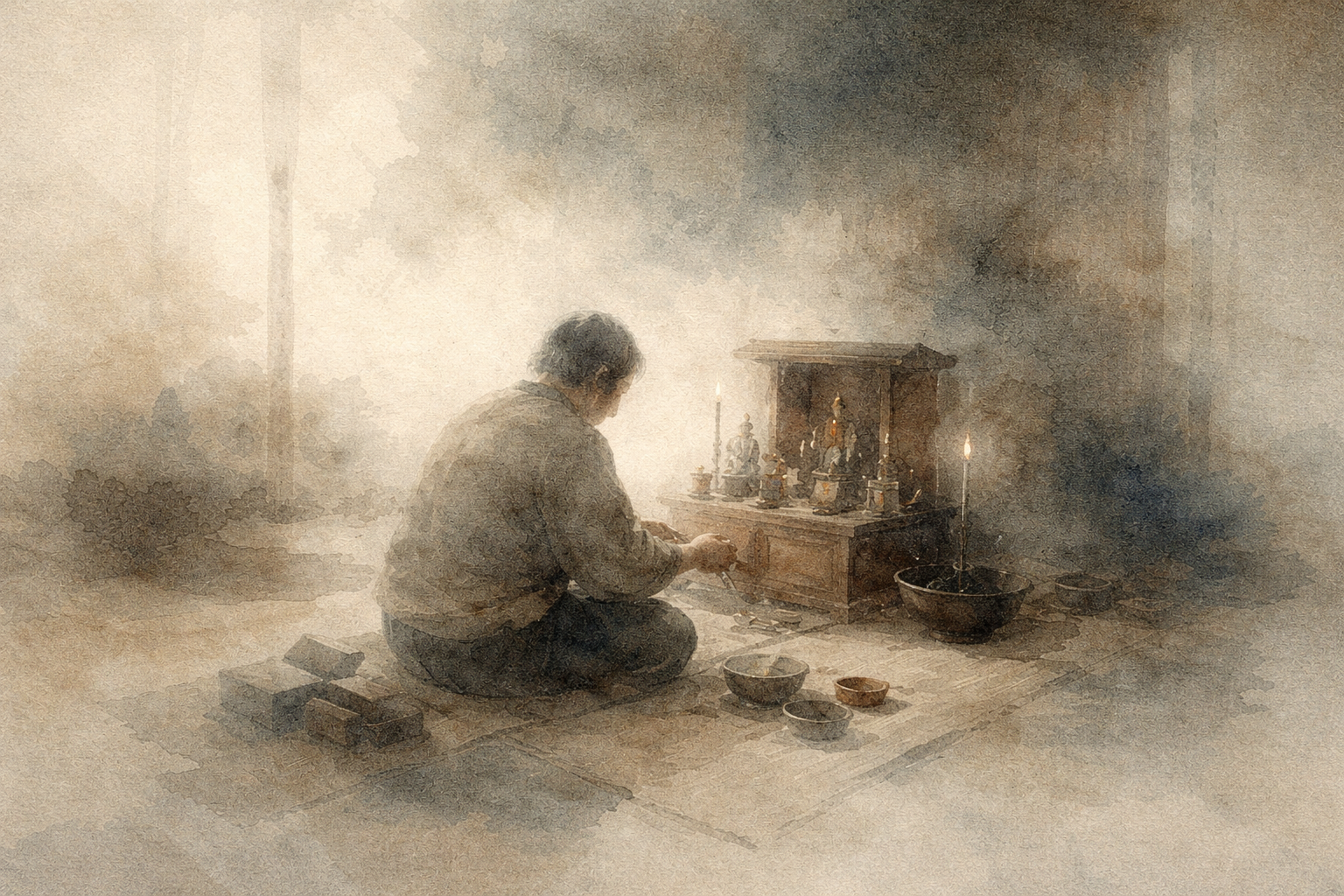 A person quietly tends a small home altar with incense, candles, and simple bowls, suggesting maintaining a steady Buddhist practice even in a busy daily life