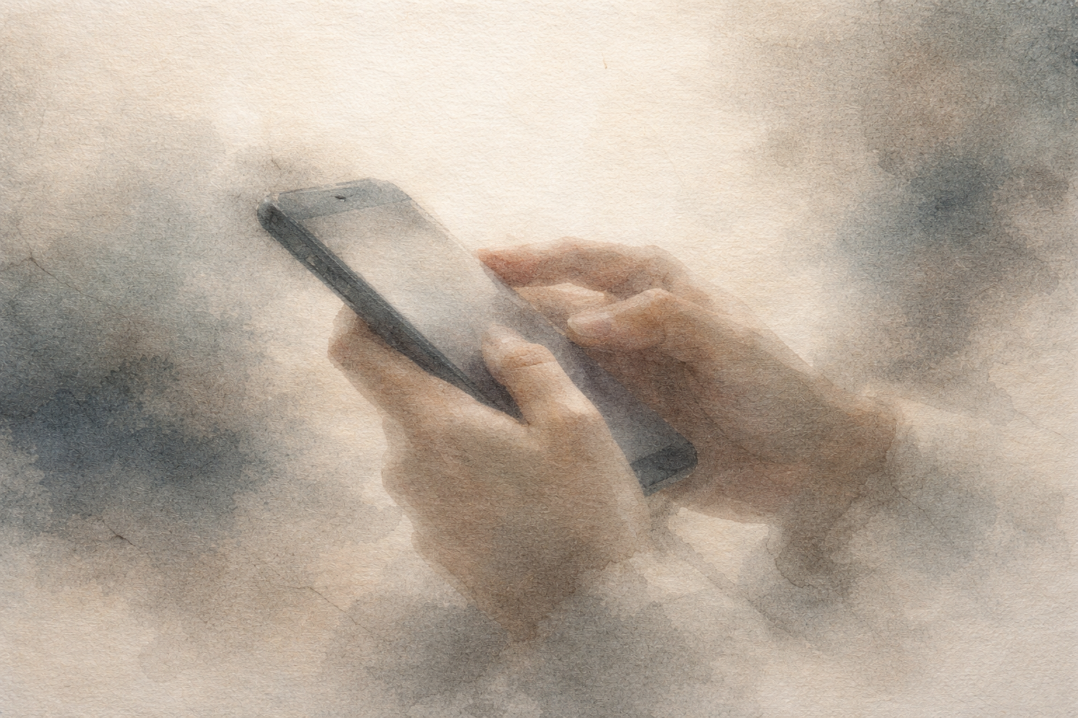Abstract depiction of hands holding a smartphone emerging from soft, diffused ink textures, evoking subtle restlessness, habitual checking, and the gentle awareness of how the mind can become attached to constant stimulation.