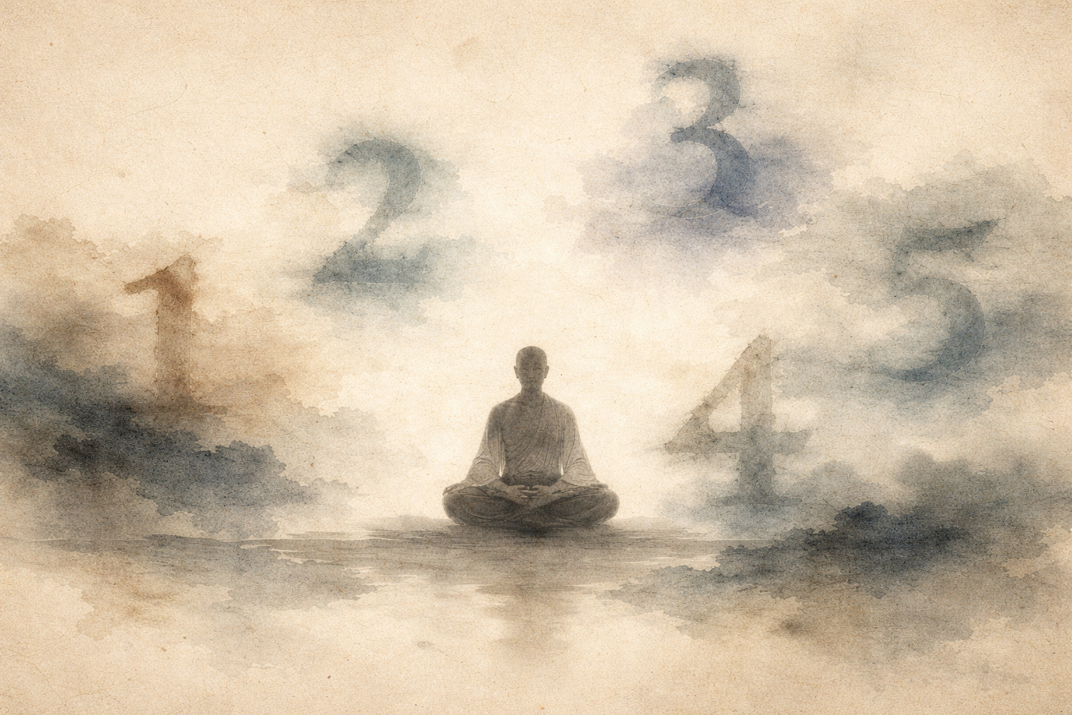 Watercolor-style image of a meditating figure surrounded by softly appearing numbers, symbolizing counting the breath and the calm, step-by-step practice of Suisokukan meditation.
