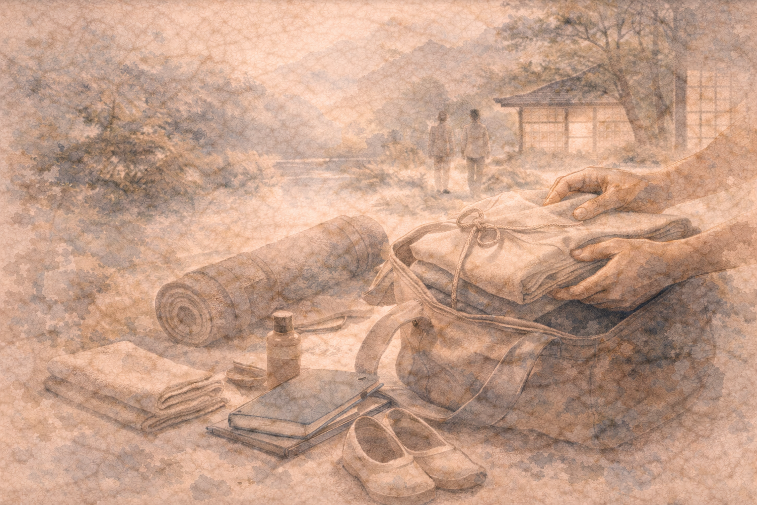 Abstract depiction of simple personal items neatly prepared beside a travel bag in a calm natural setting, rendered in soft ink textures that evoke intention, simplicity, and thoughtful preparation for a first meditation retreat.