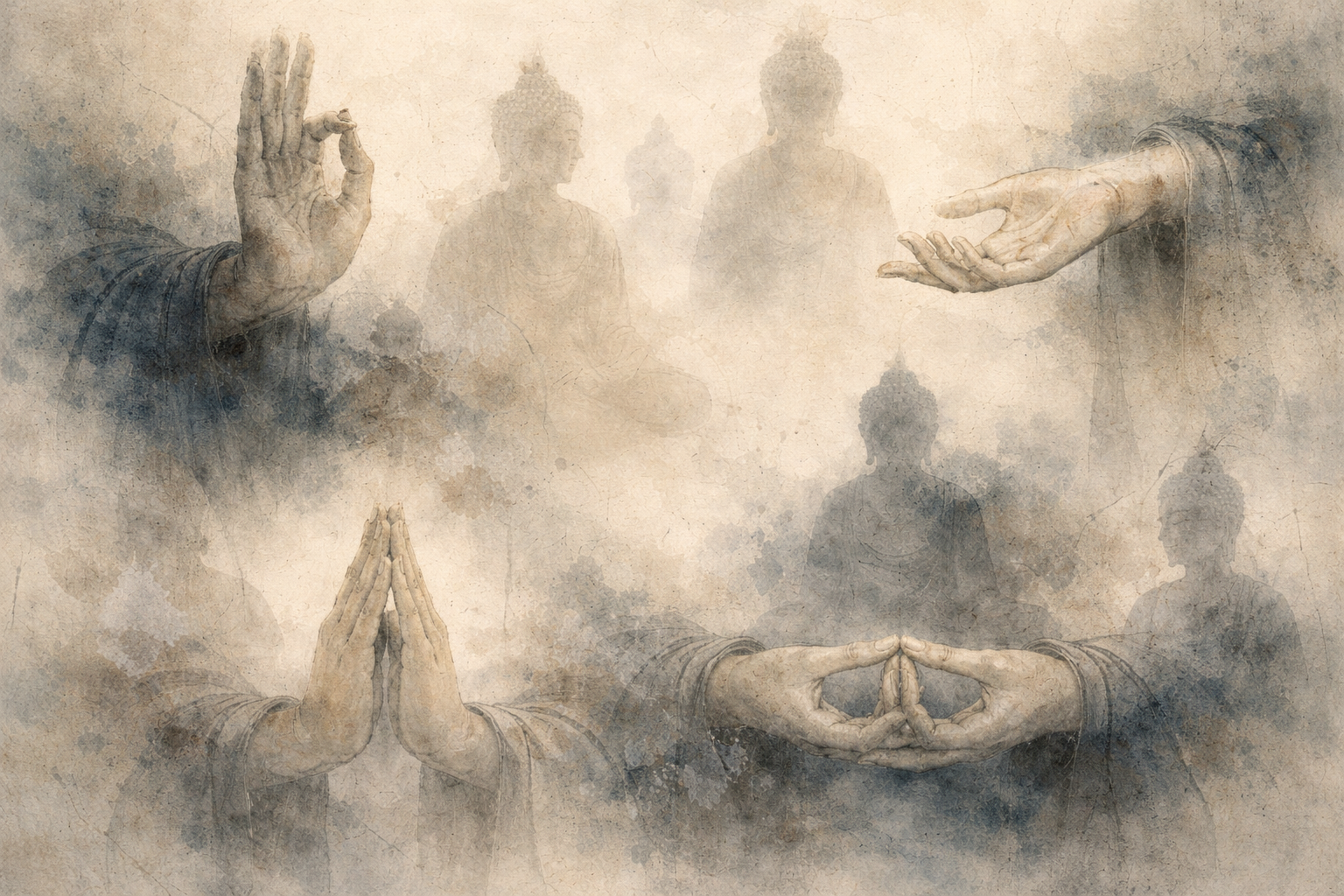 Abstract depiction of multiple Buddhist hand gestures emerging through soft layered ink textures with faint Buddha figures in the background, illustrating how mudras communicate symbolic meanings such as teaching, meditation, compassion, and reassurance.