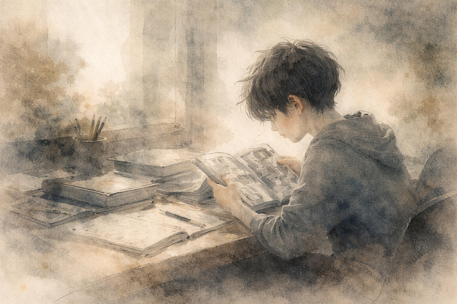 本に囲まれた机で静かに読書する人物を柔らかな墨調で描き、落ち着いた学びを通して注意力をゆっくり取り戻していく様子を表現した抽象的なイメージ。