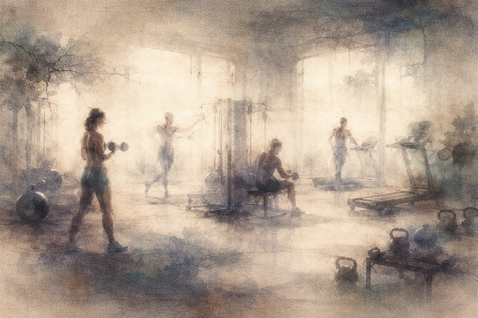 People exercising in a softly lit gym, symbolizing the process of gently returning to practice after losing routine