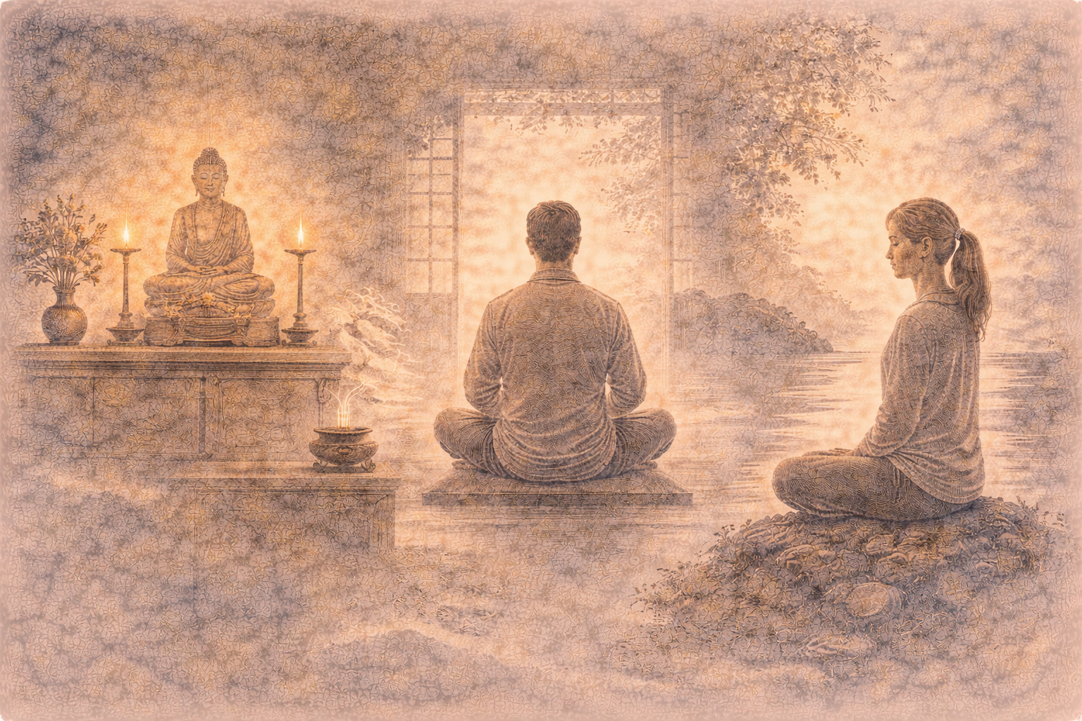 A person sits in meditation at home facing a small Buddhist altar with a statue, candle, and incense, while another person meditates nearby, suggesting a simple daily practice routine