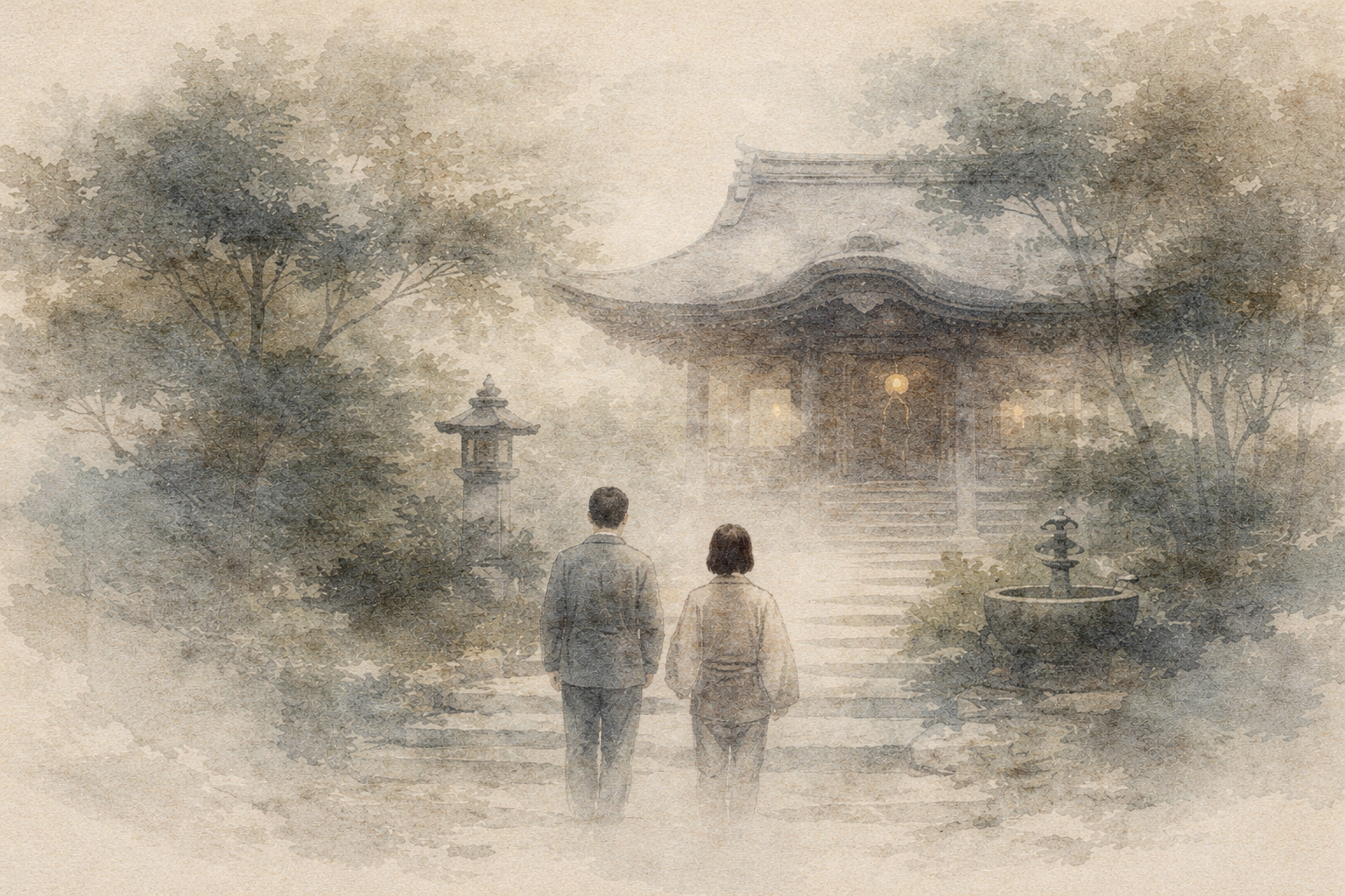A couple walking toward a traditional Buddhist temple through a misty garden, evoking a quiet and respectful visit in Japan