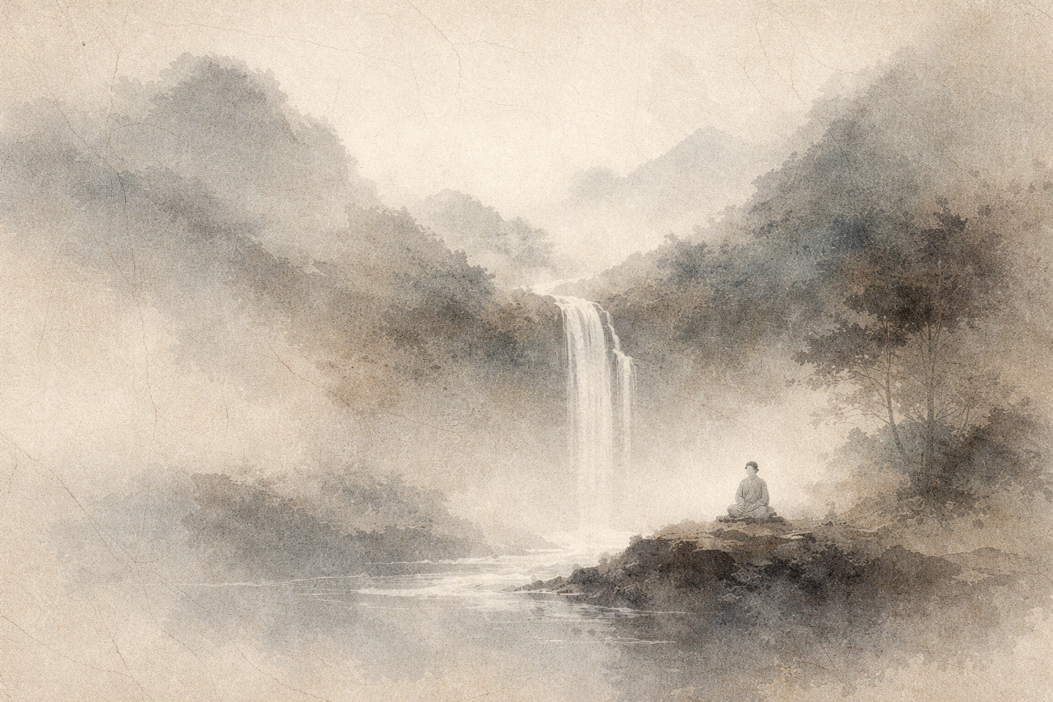 Solitary figure meditating beside a quiet waterfall in a misty watercolor landscape, symbolizing impermanence and the continuous flow of change in Buddhist teaching.