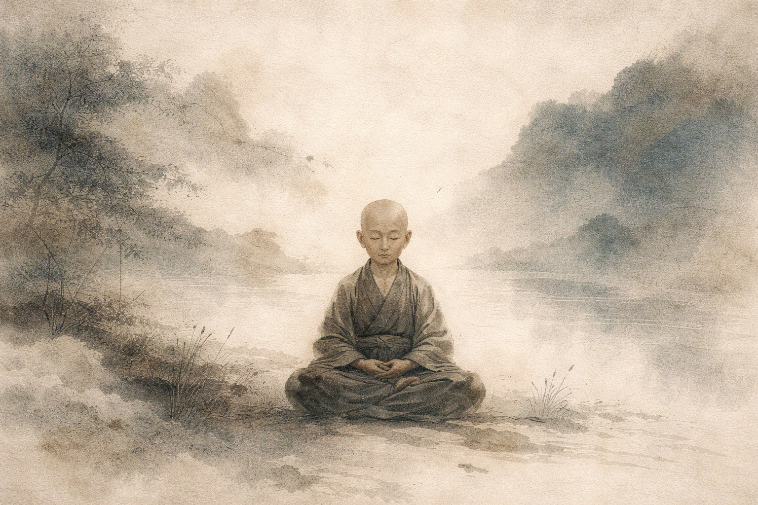 Young Buddhist monk sitting in calm meditation beside a quiet river in a soft watercolor landscape, symbolizing acceptance, awareness, and inner balance in Buddhist teaching.