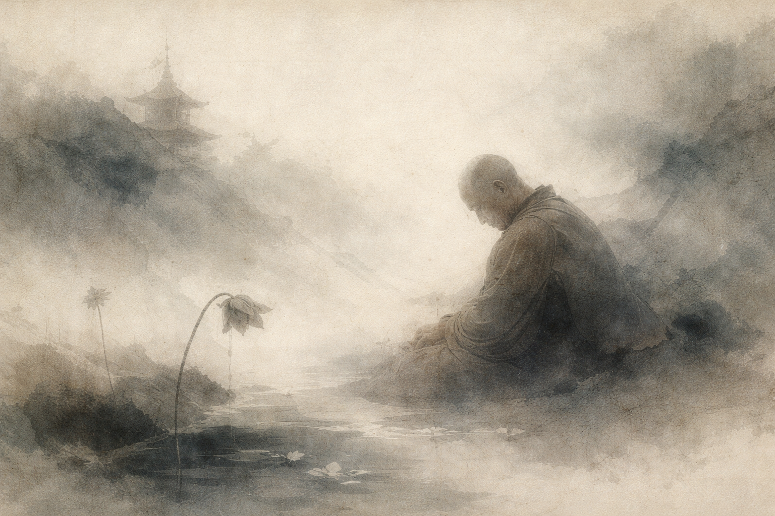 Watercolor-style illustration of a contemplative monk sitting quietly beside still water in a misty landscape, with a distant temple softly emerging through the fog. A gently bending lotus flower appears nearby, symbolizing resilience and awakening. The calm, introspective atmosphere reflects the question of whether Buddhism is pessimistic, illustrating how teachings on suffering are often misunderstood and are instead intended to guide toward insight, compassion, and liberation.