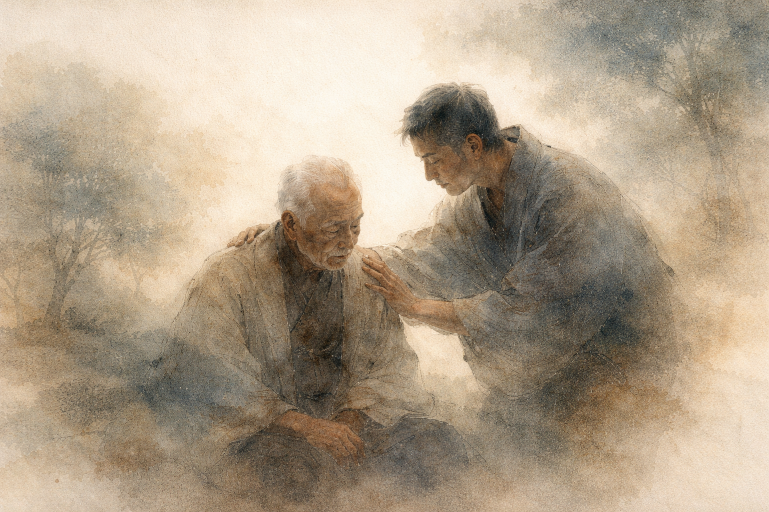 Gentle watercolor illustration of one person offering support to an elderly man, expressing Buddhist compassion as active care, empathy, and the alleviation of suffering.