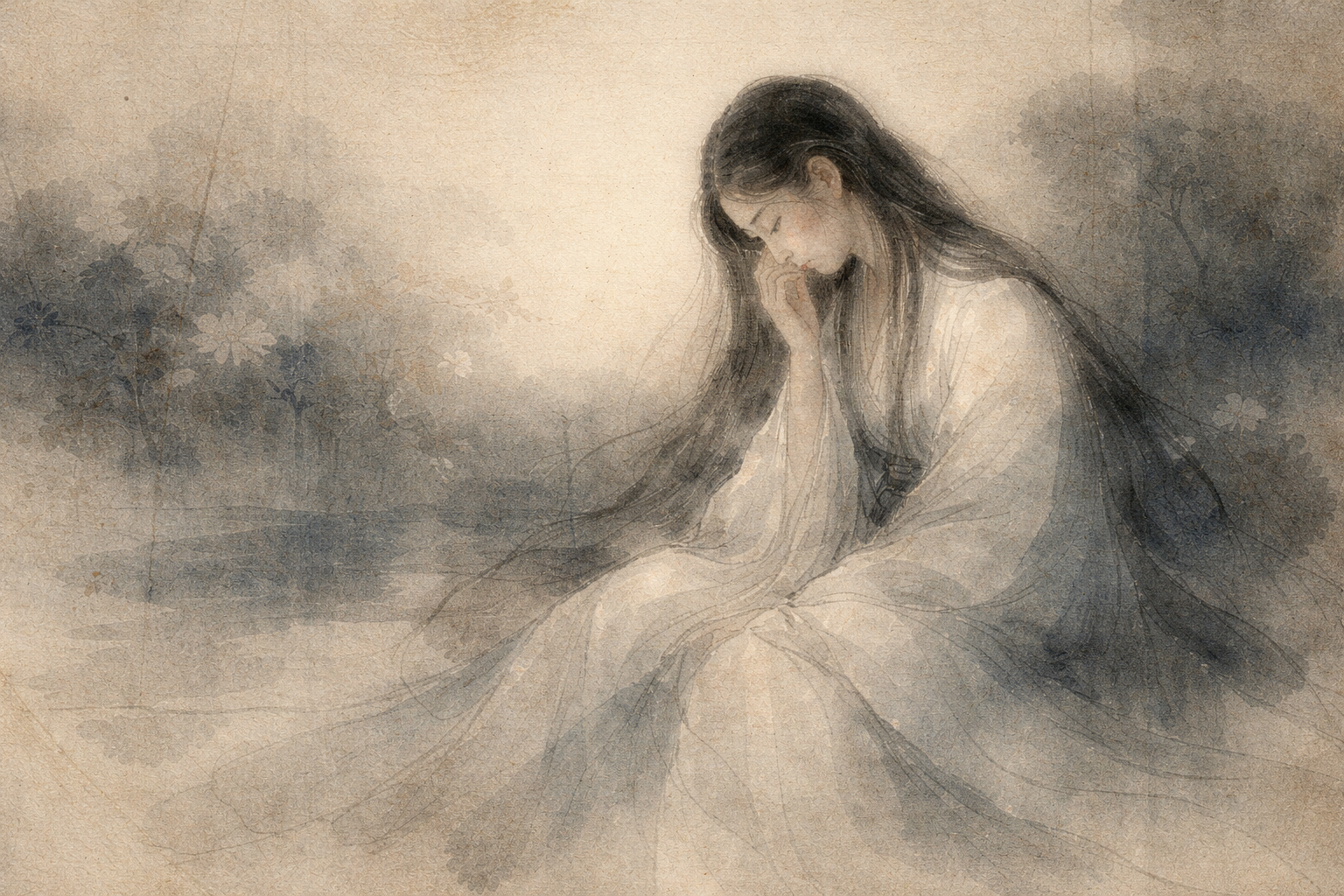 Contemplative figure sitting quietly with head bowed in a soft watercolor landscape, symbolizing emotional reflection and the Buddhist teaching of detachment as compassionate awareness rather than indifference.