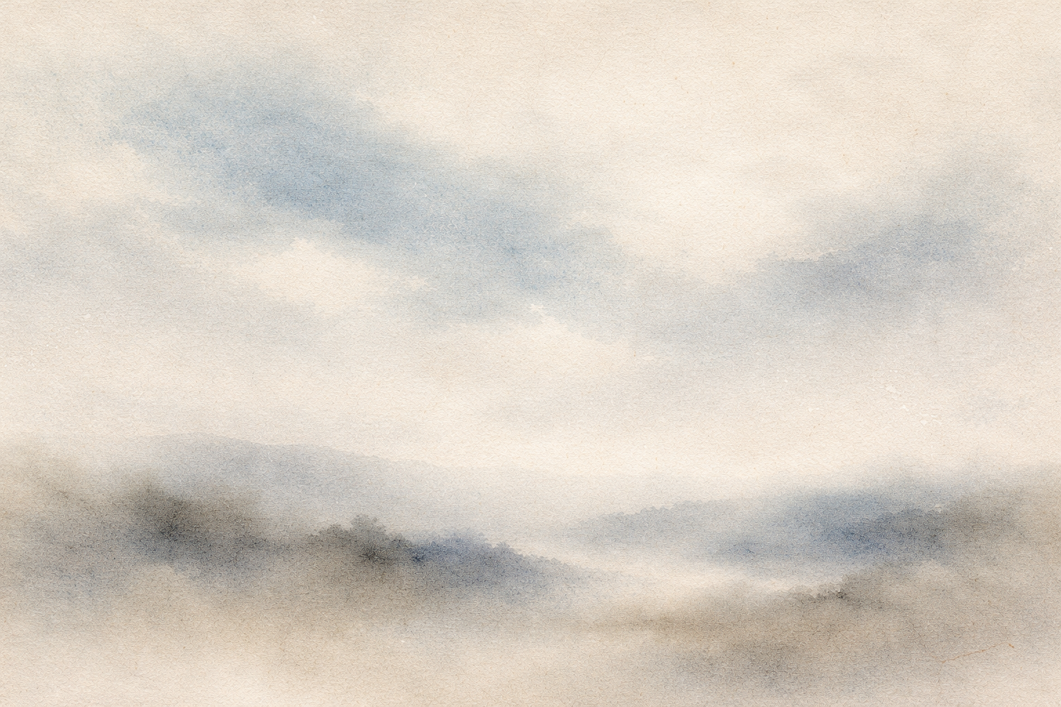 柔らかな霧と遠くの山々を描いたミニマルな水彩風景。無ではなく、開かれたつながりや静かな明晰さとしての仏教の「空」の概念を象徴している。