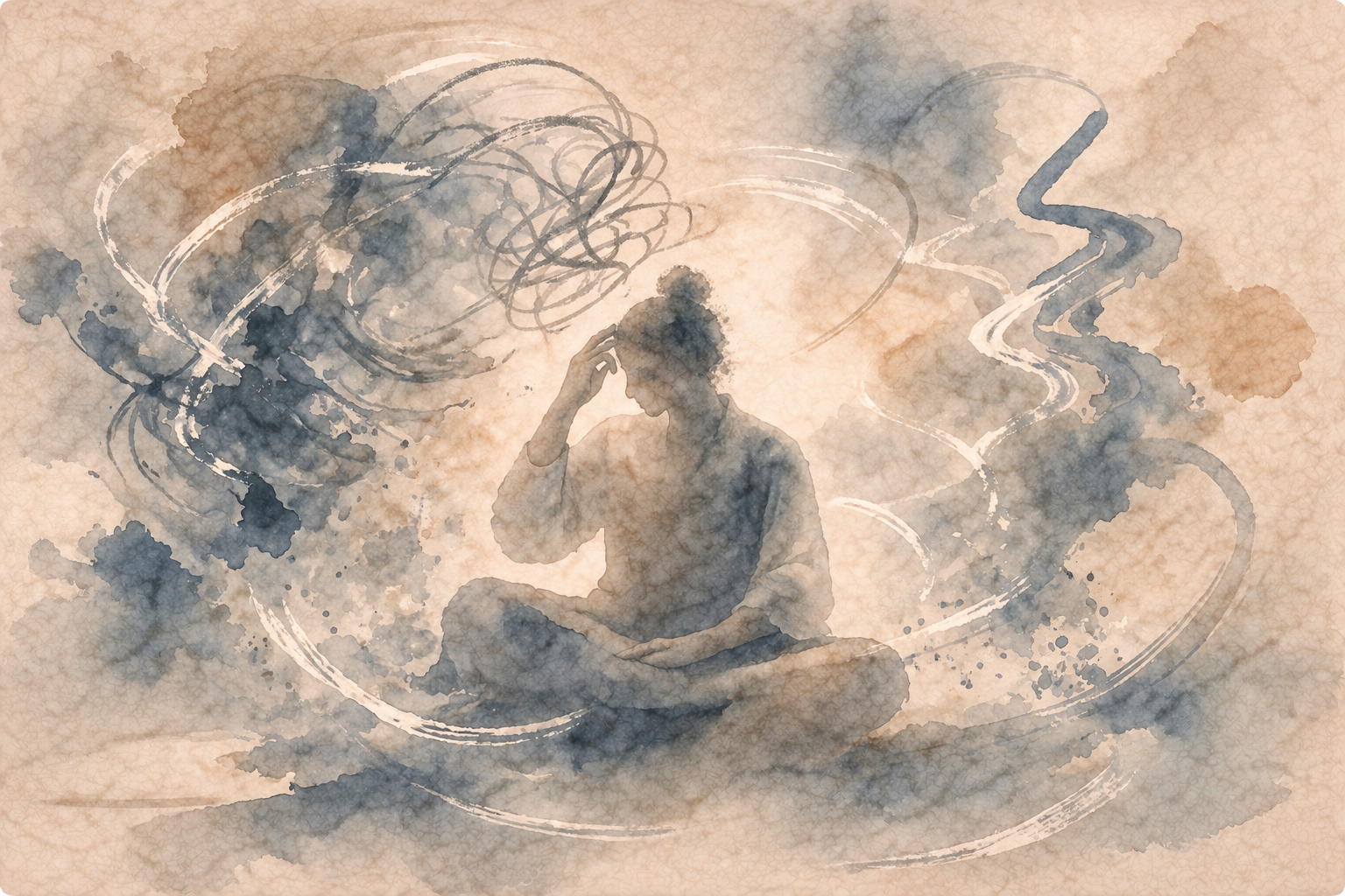 Abstract depiction of a seated meditator surrounded by swirling, ink-like lines that suggest movement of thought and inner restlessness, expressing the experience of an unsettled mind gradually becoming aware of itself.