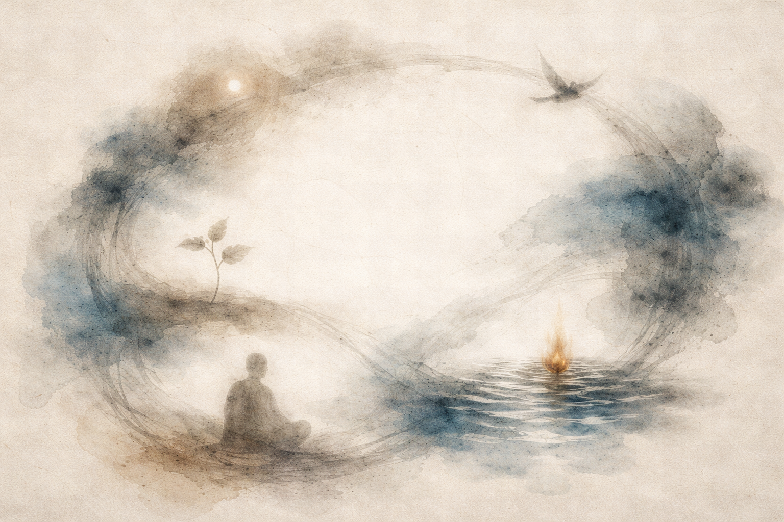 A flowing circular scene showing meditation, growth, movement, and transformation, suggesting that karma in Buddhism is not fixed fate but an ongoing process shaped by actions and conditions